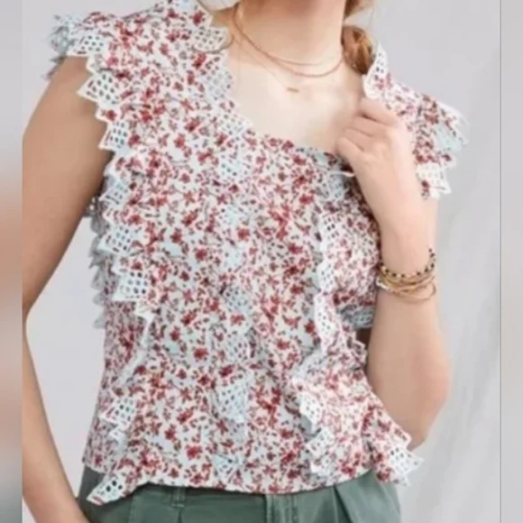 NWOT Anthropologie Blue Tassel Trina floral dark red/ mint embroidered top - Picture 10 of 14